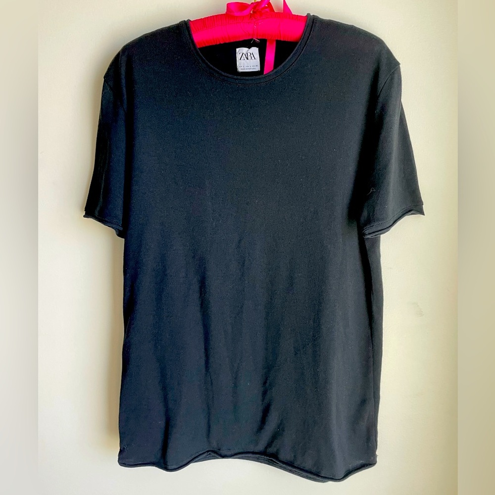 ZARA Knit Short Sleeve Sweater Shirt Women's Size L Black Ribbed Trim Casual Tee